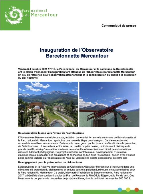 CP : Inauguration Observatoire Barcelonnette 